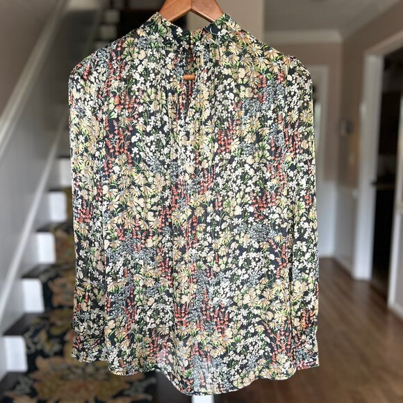 H&M Floral Long Sleeved High Neck Lightweight Blouse Navy Multi Womens Size XS - Picture 3 of 12